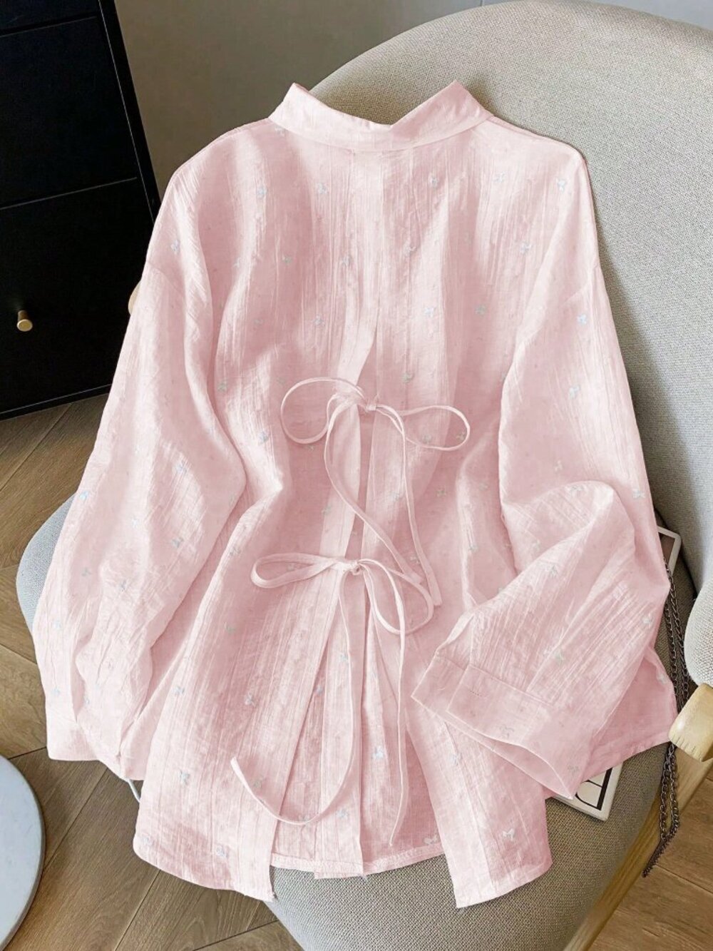 Baby Pink Casual Women's Loose Thin Backless Tie Cuff Long Sleeve Blouse